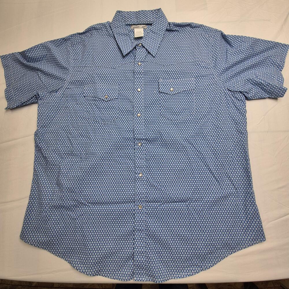 Wrangler Wrancher Shirt Mens 2XL Blue Geometric Western Pearl Snap Short Sleeve